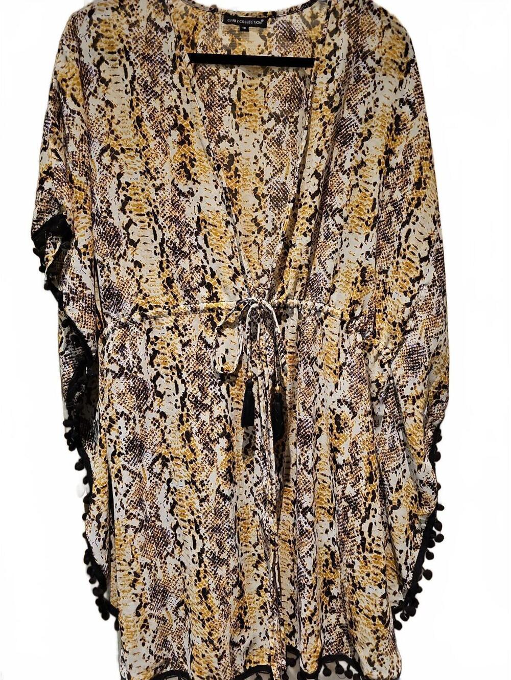 Club Z Collection Animal Print Tie Front Pom TrimSwimsuit Beach Cover Up Size 1X